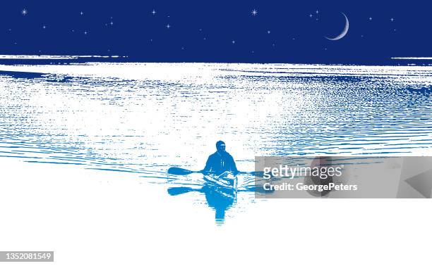 ilustrações de stock, clip art, desenhos animados e ícones de kayaking by moonlight - caiaque barco a remos