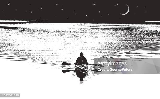 kayaking by moonlight - thinking reflecting stock illustrations