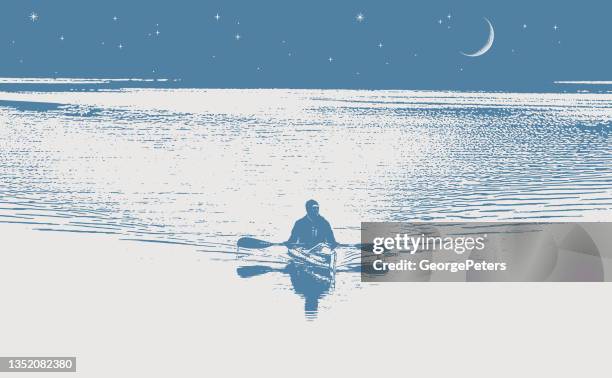 kayaking by moonlight - man thinking outside stock illustrations