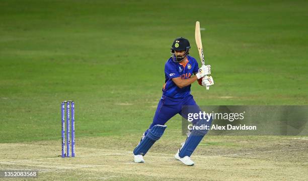 Rahul of India plays a shot during the ICC Men's T20 World Cup match between India and Namibia at Dubai International Stadium on November 08, 2021 in...