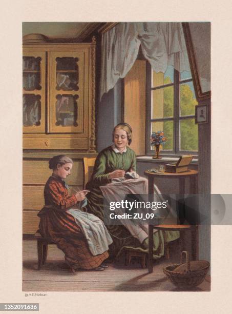 mother and daughter doing needlework, chromolithograph, published in 1878 - single mother working stock illustrations