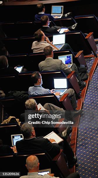 Participants sit with laptops open during the first Congressional Facebook Developers Hackathon in the Congressional Auditorium at the Capitol...