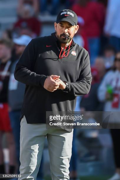 Head coach Ryan Day of the Ohio State Buckeyes looks over warmups before the game at against the Nebraska Cornhuskers Memorial Stadium on November 6,...