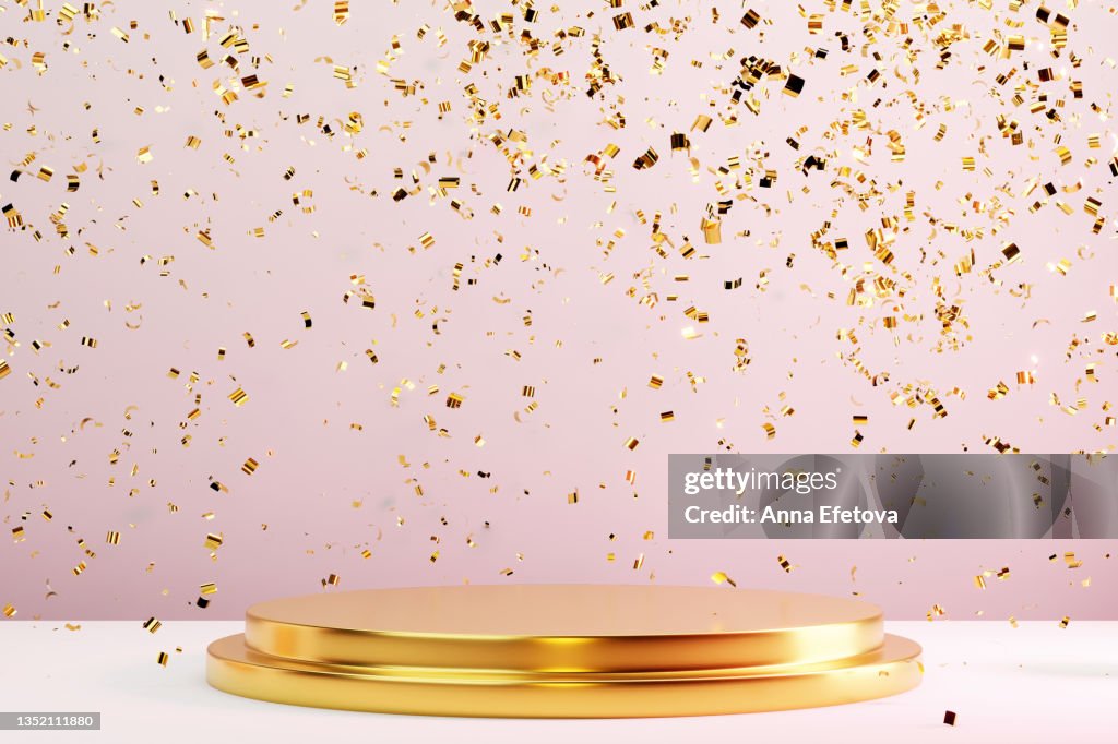 Two-tier round gold metal podium on pastel pink background with many falling gold confetti. Perfect platform for showing your products. Three dimensional illustration