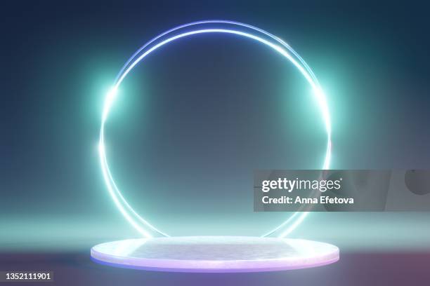 round white metal podium with bright neon cyberpunk backlighting with blurred motion on dark purple background. perfect platform for showing your products. three dimensional illustration - construction platform stock pictures, royalty-free photos & images