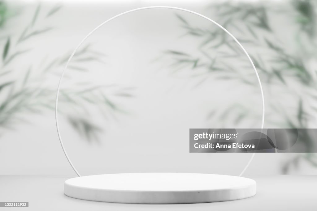 Round white ceramic podium with a thin white border on top against background with many green plant leaves behind frosted glass. Perfect platform for showing your products. Three dimensional illustration