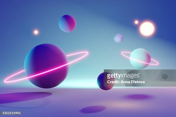 eight cartoon 3d models of astronomical bodies on blue-purple background. trendy futuristic backdrop for your design - tridimensionale foto e immagini stock
