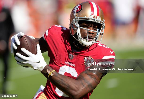Mohamed Sanu Sr of the San Francisco 49ers warms up during pregame warm-ups before the game against the Arizona Cardinals at Levi's Stadium on...