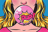 Woman blowing bubble with a pink bubble gum, and Pop! speech bubble. Pop art comic vector illustration.
