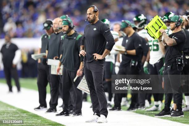 Robert Saleh the head coach of the New York Jets against the Indianapolis Colts at Lucas Oil Stadium on November 04, 2021 in Indianapolis, Indiana.