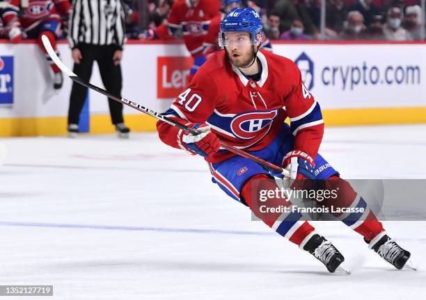 Joel Armia of the Montreal Canadiens skates against the New York Islanders in the NHL game at the Bell Centre on November 4, 2021 in Montreal,...