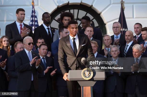 Giannis Antetokounmpo of the Milwaukee Bucks delivers remarks during an event where U.S. President Joe Biden honored the Bucks for winning the 2021...