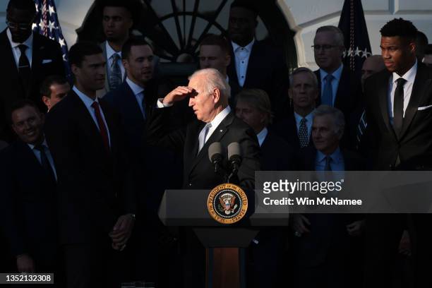 President Joe Biden delivers remarks during a ceremony where he honored the Milwaukee Bucks for winning the 2021 NBA Championship, on the South Lawn...