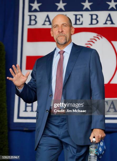 Hall of Famer John Smoltz is introduced during the Baseball Hall of Fame induction ceremony at Clark Sports Center on September 08, 2021 in...