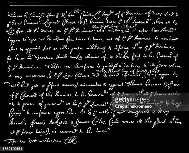 old engraved illustration of handwritten document from colonial times - the mayflower stock pictures, royalty-free photos & images
