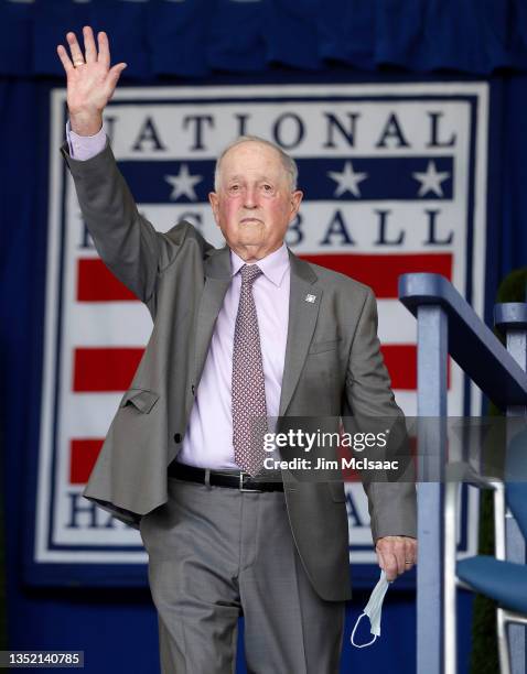 Hall of Famer Pat Gillick is introduced during the Baseball Hall of Fame induction ceremony at Clark Sports Center on September 08, 2021 in...