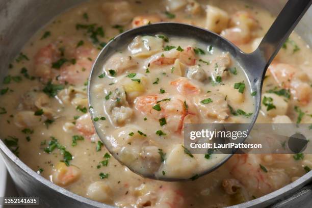 new england style seafood chowder - clam chowder stock pictures, royalty-free photos & images