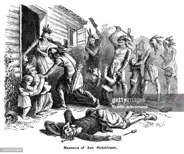 old engraved illustration of the massacre of anne hutchinson and her family near what is now pelham bay, new york, in 1643 - family trip in laws stock-fotos und bilder