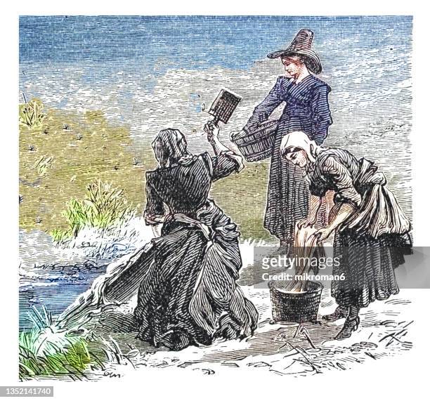 old engraved illustration of pilgrims washing clothes after landing at cape cod, massachusetts, 1620 - american family fine art foto e immagini stock