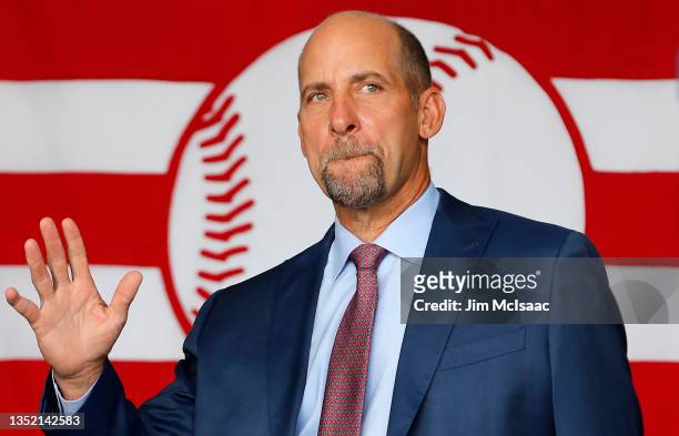 Hall of Famer John Smoltz is introduced during the Baseball Hall of Fame induction ceremony at Clark Sports Center on September 08, 2021 in...