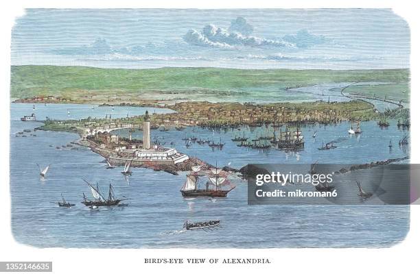 old engraved illustration of bird's eye view of alexandria, egypt - lighthouse of alexandria egypt stock pictures, royalty-free photos & images