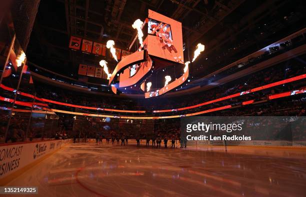 View of the pregame player introductions of the Philadelphia Flyers prior to their game against the Arizona Coyotes at the Wells Fargo Center on...