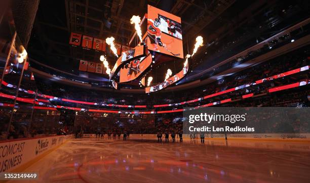 View of the pregame player introductions of the Philadelphia Flyers prior to their game against the Arizona Coyotes at the Wells Fargo Center on...