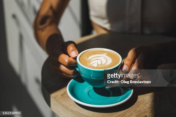 woman hands holding cup of fresh cappuccino close up. beautiful natural sun light in cafe - capuccino fotografías e imágenes de stock