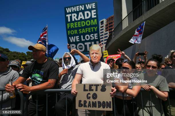 Protestor wears a Donald Trump face mask during a Freedom and Rights Coalition protest at Parliament on November 09, 2021 in Wellington, New Zealand....