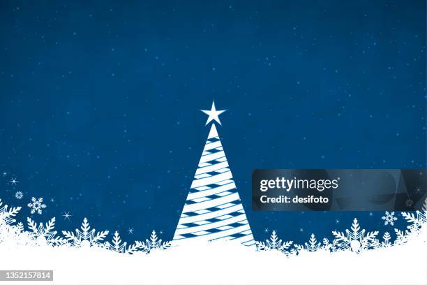 glittery christmas vector horizontal blue backgrounds with a white coloured triangle shape abstract tree made like a helix or wicker with star at top and snowflakes at the bottom of bright vibrant dark midnight blue backdrop with and shiny dots all over - bling background stock illustrations
