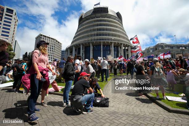 Protestors gather outside the Beehive during a Freedom and Rights Coalition protest at Parliament on November 09, 2021 in Wellington, New Zealand....