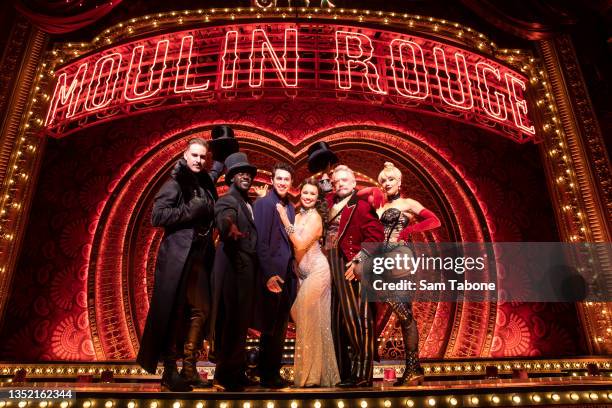 Andy Cook , Tim Omaji , Des Flanagan , Alinta Chidzey , Simon Burke and Samantha Dodemaide attend a media call for Welcome to the Moulin Rouge! at...
