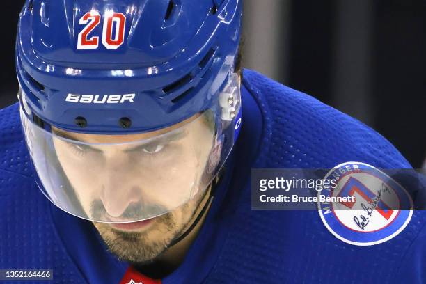 Chris Kreider of the New York Rangers prepares for a second period faceoff against the Florida Panthers at Madison Square Garden on November 08, 2021...