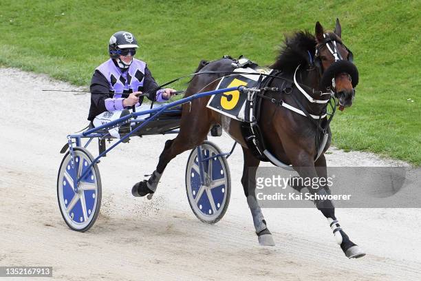Mark Purdon driving I Dream Of Jeannie wins Race 3 The Box Seat Handicap Trot during New Zealand Trotting Cup Day at Addington Raceway on November...