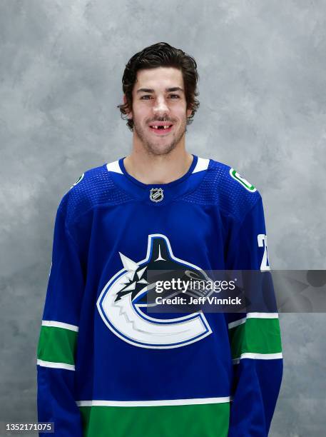 Travis Hominic of the Vancouver Canucks poses for his official headshot for the 2021-2022 season on November 5, 2021 at Rogers Arena in Vancouver,...