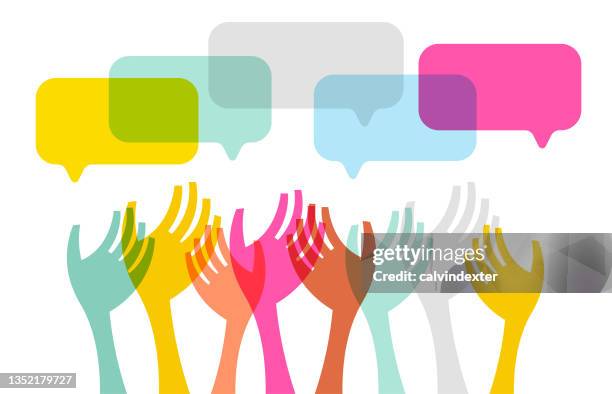 hands reaching out and speech bubbles - strong bond stock illustrations