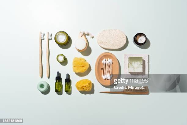 knolling of eco friendly bathroom items - knolling concept stock pictures, royalty-free photos & images