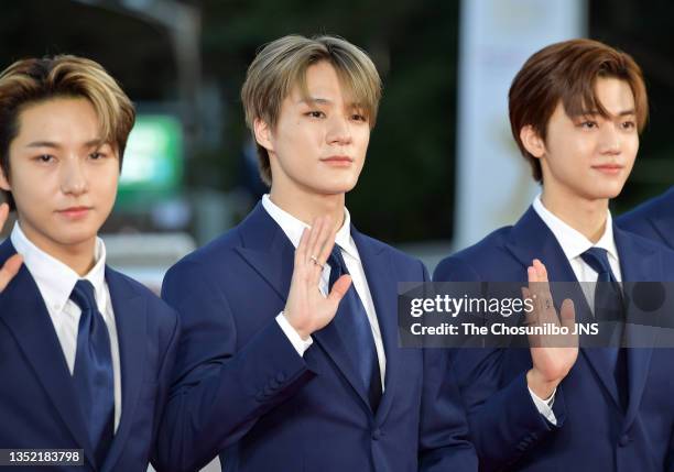 Renjun, Jeno, Jaemin of NCT Dream attend the 2021 Korean Popular Culture and Arts Awards on October 28, 2021 in Seoul, South Korea.