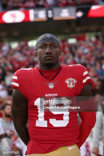 Deebo Samuel of the San Francisco 49ers on the sidelines before the game against the Arizona Cardinals at Levi's Stadium on November 7, 2021 in Santa...