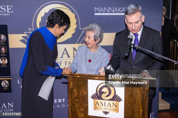 Indra Nooyi, Karen Wong, and Dow Constantine speak during the Asian Hall of Fame induction reception at Ben Bridge Jeweler on November 08, 2021 in...