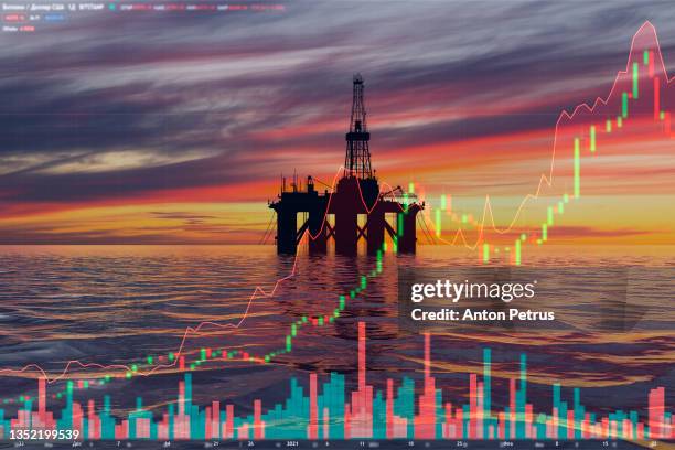 oil pump on the background of stock charts. world oil industry - pricing stock pictures, royalty-free photos & images