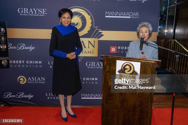 Indra Nooyi and Karen Wong speak during the Asian Hall of Fame induction reception at Ben Bridge Jeweler on November 08, 2021 in Seattle, Washington.