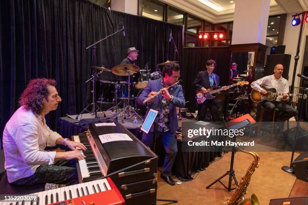 Ed Roth, Danny Seraphine, Jeff Kashiwa, Hiro Yamamoto, and Krist Novoselic perform onstage during the Asian Hall of Fame induction reception at Ben...