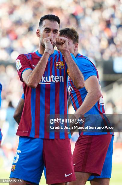 Sergio Busquets of FC Barcelona celebrates after scoring goal during the La Liga Santander match between RC Celta de Vigo and FC Barcelona at...