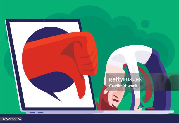 tired businessman heading on laptop while getting thumbs down icon - disrespect stock illustrations