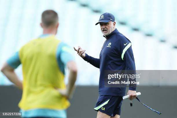 Socceroos head coach Graham Arnold speaks to players during a Socceroos training session at Stadium Australia on November 09, 2021 in Sydney,...