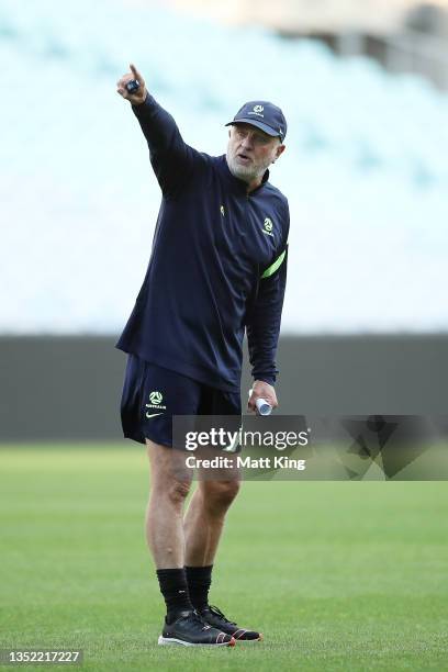 Socceroos head coach Graham Arnold speaks to players during a Socceroos training session at Stadium Australia on November 09, 2021 in Sydney,...