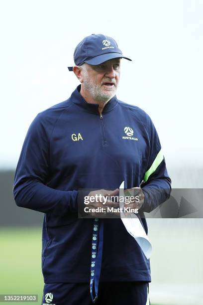 Socceroos head coach Graham Arnold looks on during a Socceroos training session at Stadium Australia on November 09, 2021 in Sydney, Australia.