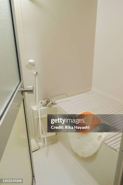 a large fried egg half on the lid of the bathtub - unusual stock pictures, royalty-free photos & images