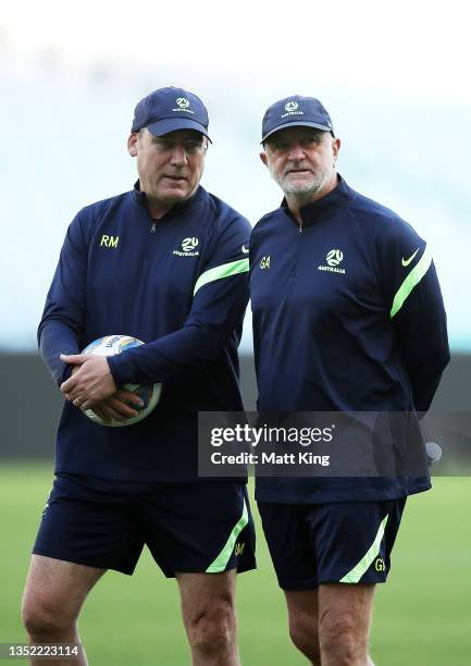 Socceroos assistant coach Rene Meulensteen and Socceroos head coach Graham Arnold look on during a Socceroos training session at Stadium Australia on...